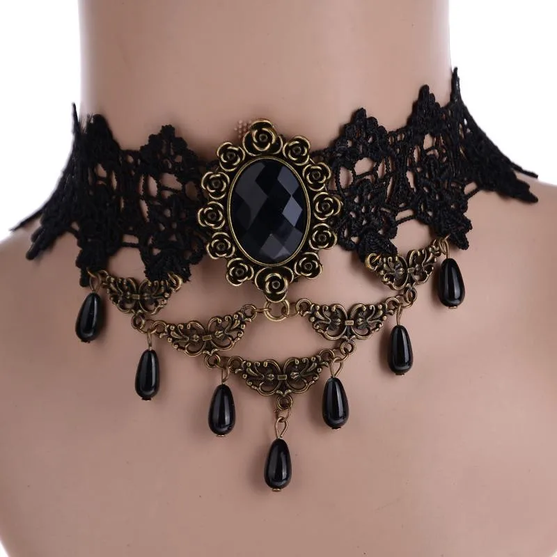 Women Black Lace Flower Chain Tassel Choker Collar Necklace Gothic Punk USJU